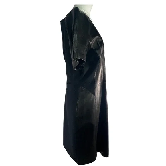 Antonio Melani leather v-neck stretchy black dress, sz 12 sleek, nylon sides - Picture 2 of 11